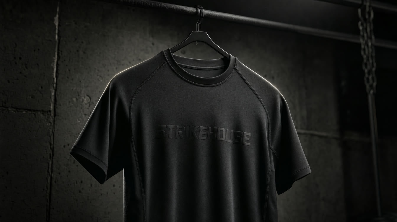 Strikehouse Camp Line — engineered training tee on an industrial hanger