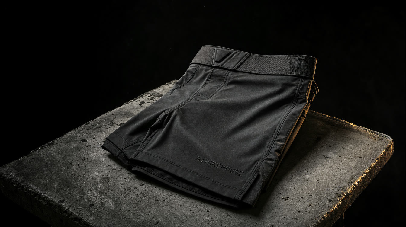 Strikehouse Competition Line — matte black fight shorts on a concrete bench