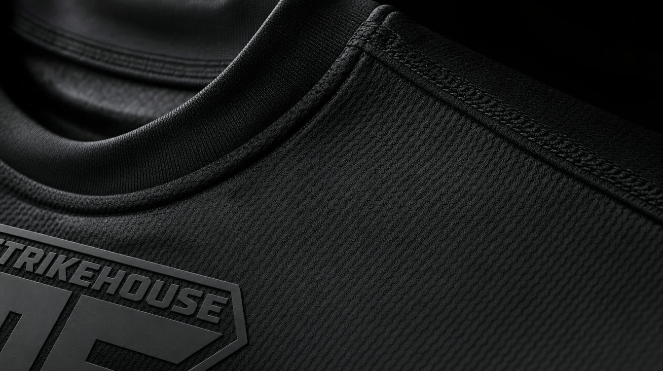 Macro detail of Strikehouse technical fabric weave and flatlock stitching